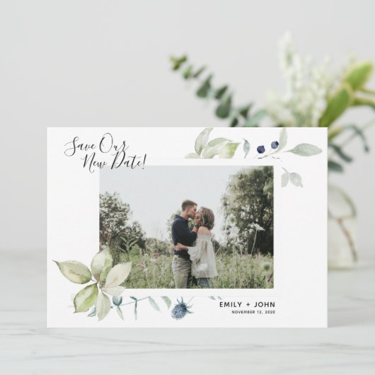 Waterverf Botanische bruiloft datum Verander foto Aankondiging (Staand voorkant)