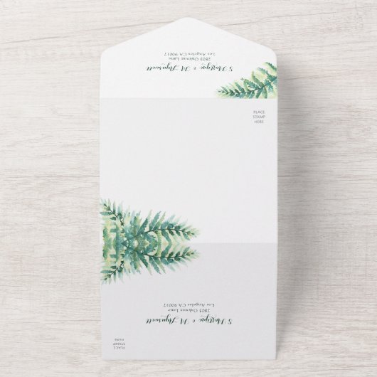 Waterverf botanische bruiloft met groene Fern Foli All In One Uitnodiging (Buitenkant)