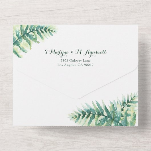 Waterverf botanische bruiloft met groene Fern Foli All In One Uitnodiging (Achterkant)