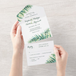Waterverf botanische bruiloft met groene Fern Foli All In One Uitnodiging