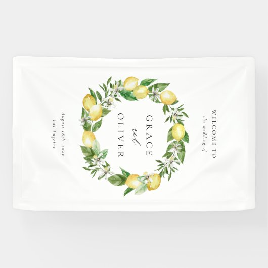 Waterverf Botanische Citroen krans bruiloft Spandoek (Horizontaal)