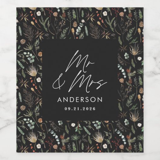 Waterverf botanische dhr. & mrs. wijn etiket (Enkel label)