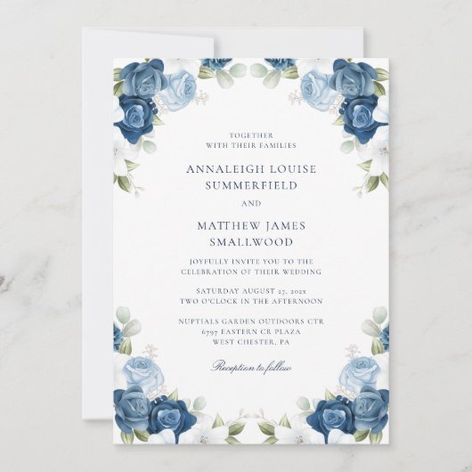 Waterverf Botanische Dusty Blue Floral Wedding Kaart (Voorkant)