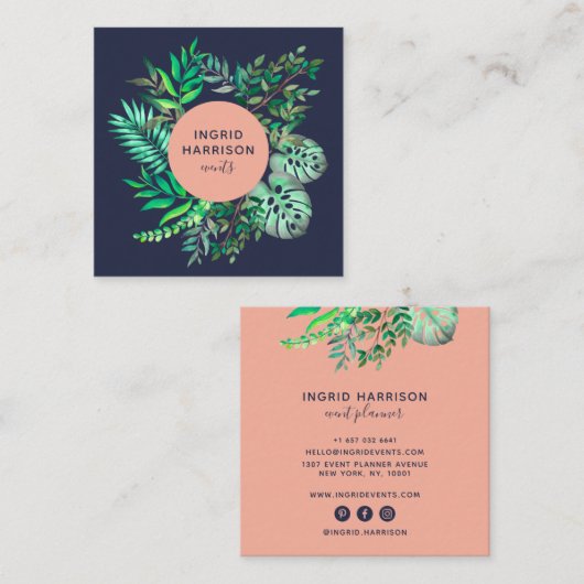 Waterverf Botanische Elegant Blauw Roze Evenemente Vierkante Visitekaartje (Voorkant / Achterkant)