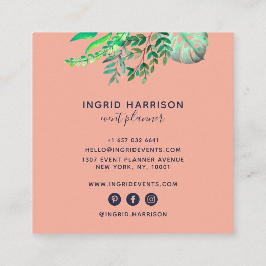 Waterverf Botanische Elegant Blauw Roze Evenemente Vierkante Visitekaartje (Achterkant)