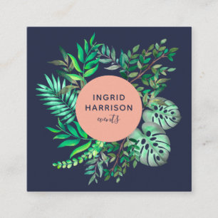 Waterverf botanische elegante blauwe roze gebeurte vierkante visitekaartje