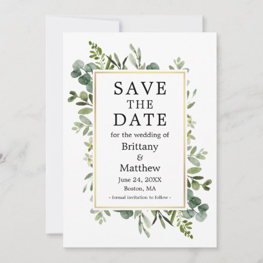 Waterverf Botanische Eucalyptus Greenery Gold Save The Date (Voorkant)