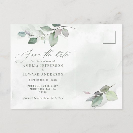 Waterverf botanische eucalyptusgoudbruiloft aankondigingskaart (Achterkant)