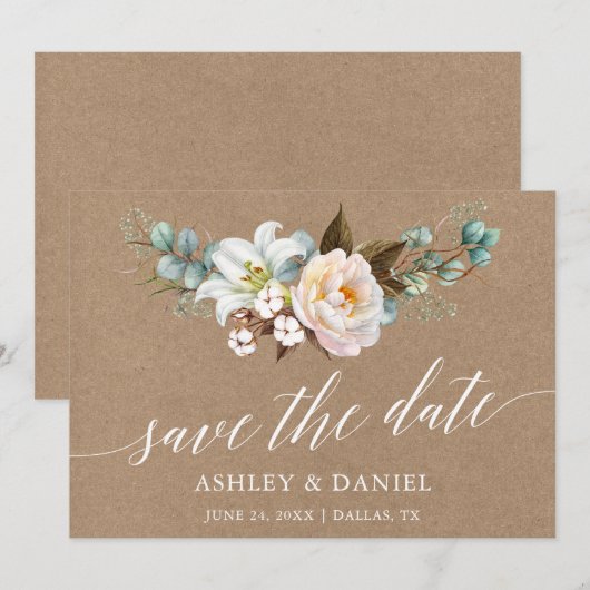 Waterverf Botanische Floral Calligraphy Kraft Save The Date (Voorkant / Achterkant)