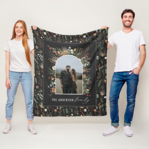 Waterverf botanische foto van zwarte moderne boog fleece deken