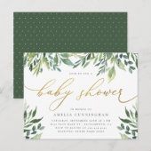 Waterverf Botanische Gouden Kalligrafie Baby showe Uitnodiging Briefkaart (Voorkant / Achterkant)
