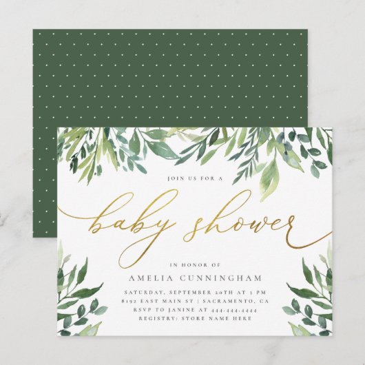 Waterverf Botanische Gouden Kalligrafie Baby showe Uitnodiging Briefkaart (Voorkant / Achterkant)