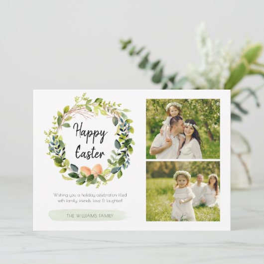 Waterverf Botanische Greenery Familie FotoPasen Feestdagenkaart (Staand voorkant)