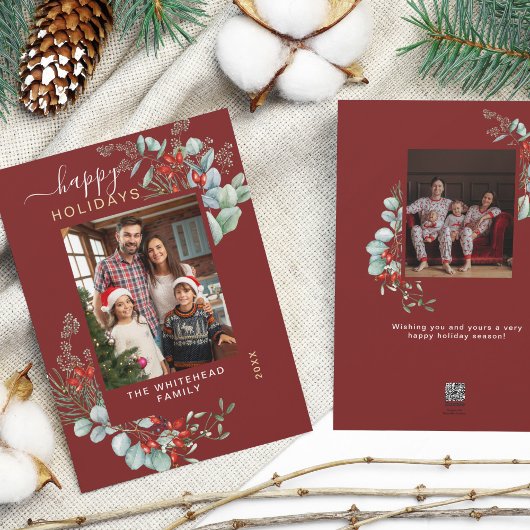 Waterverf Botanische Greenery Foto Burgundy Feestdagenkaart