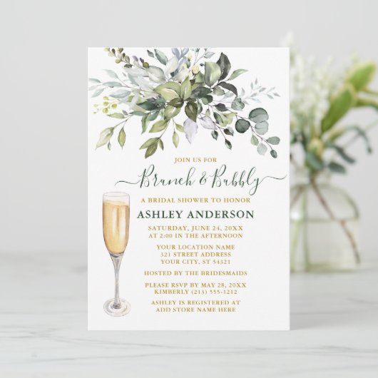 Waterverf Botanische Greenery Gold Brunch Bubble Kaart (Staand voorkant)