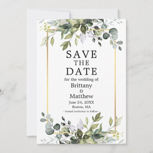 Waterverf Botanische Greenery Gold Lijst Save The Date (Voorkant)