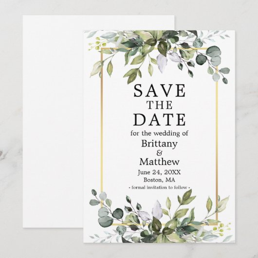 Waterverf Botanische Greenery Gold Lijst Save The Date (Voorkant / Achterkant)