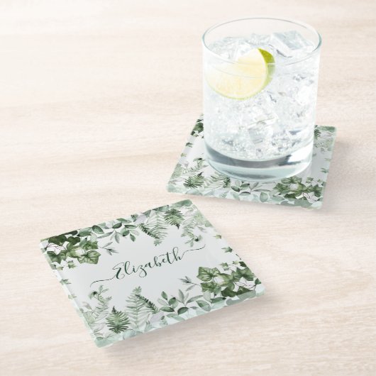 Waterverf Botanische Greenery Ivy Ferns Sage Glazen Onderzetter (Schuin)