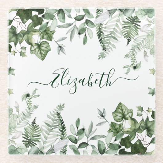 Waterverf Botanische Greenery Ivy Ferns Sage Glazen Onderzetter (Voorkant)