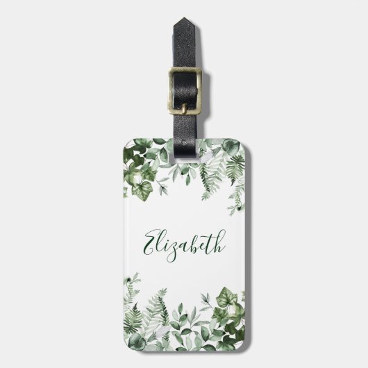Waterverf Botanische Greenery Ivy Sage Ferns Bagagelabel (Voorkant verticaal)