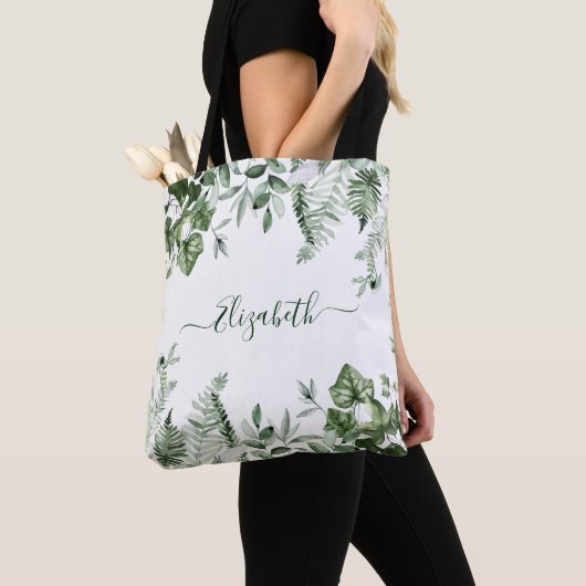 Waterverf Botanische Greenery Sage Ferns Ivy Tote Bag (Dichtbij)