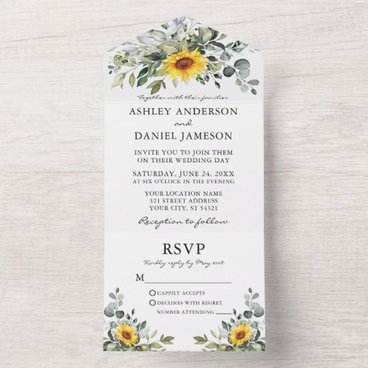 Waterverf Botanische Greenery Sunflower Wedding All In One Uitnodiging (Binnen)