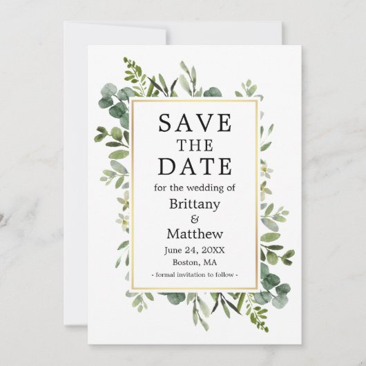 Waterverf Botanische groen Eucalyptus Foto Save The Date (Voorkant)