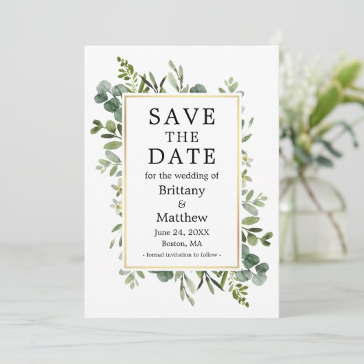Waterverf Botanische groen Eucalyptus Foto Save The Date (Staand voorkant)