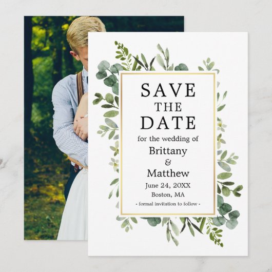 Waterverf Botanische groen Eucalyptus Foto Save The Date (Voorkant / Achterkant)