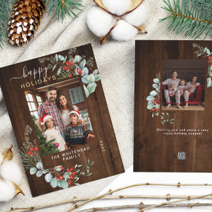 Waterverf Botanische groen Foto Rustic Wood Feestdagenkaart