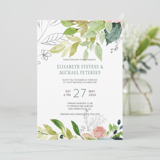 Waterverf botanische groen gebladerte bruiloft kaart (Staand voorkant)