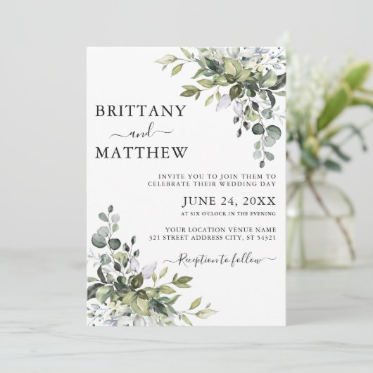 Waterverf Botanische groen kalligrafie bruiloft Kaart (Staand voorkant)