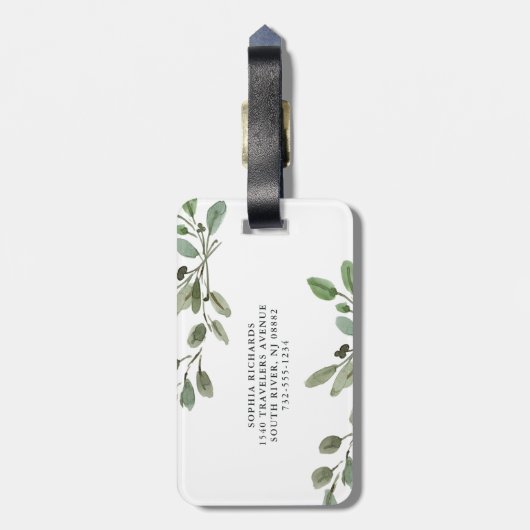 Waterverf Botanische groene bladeren en script Bagagelabel (Achterkant verticaal)