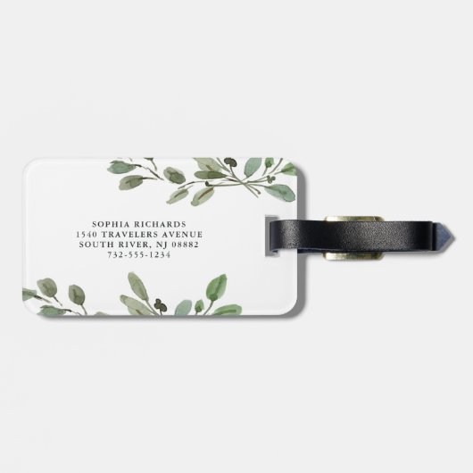 Waterverf Botanische groene bladeren en script Bagagelabel (Achterkant horizontaal)