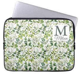 Waterverf Botanische Groene bladeren monogram Laptop Sleeve