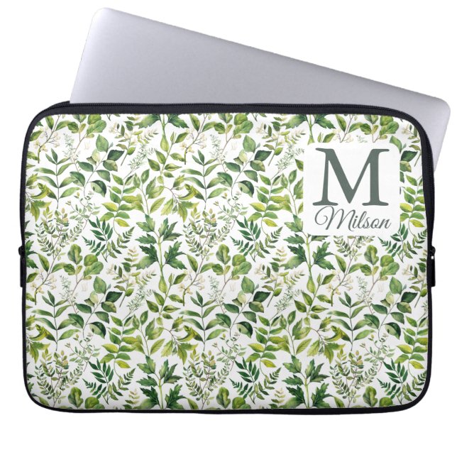Waterverf Botanische Groene bladeren monogram Laptop Sleeve (Voorkant)