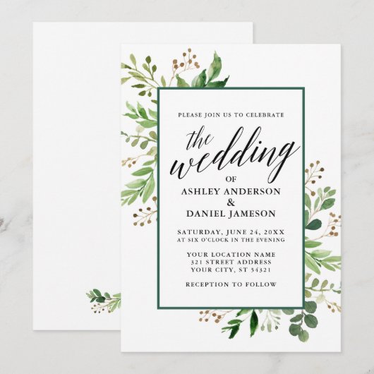 Waterverf botanische groene bruiloft omgeven kaart (Voorkant / Achterkant)