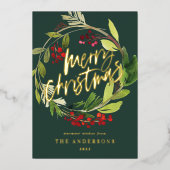 Waterverf botanische groene kerstkrans folie feestdagenkaart (Voorkant)