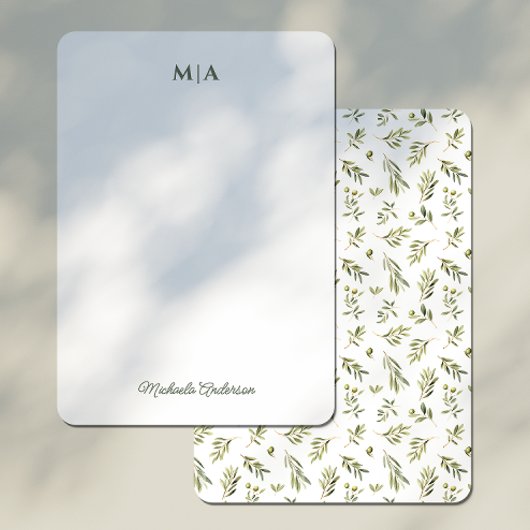 Waterverf Botanische Groene Olijven Monogram & Naa Notitiekaartje