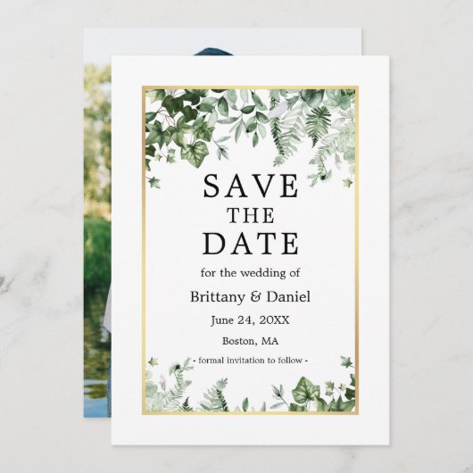 Waterverf Botanische Ivy Greenery Foto Gold Save The Date (Voorkant / Achterkant)