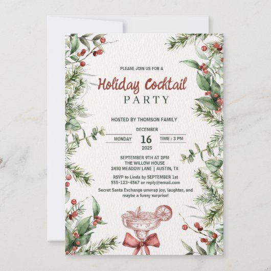 Waterverf Botanische Kerst Cocktailparty Kaart (Voorkant)