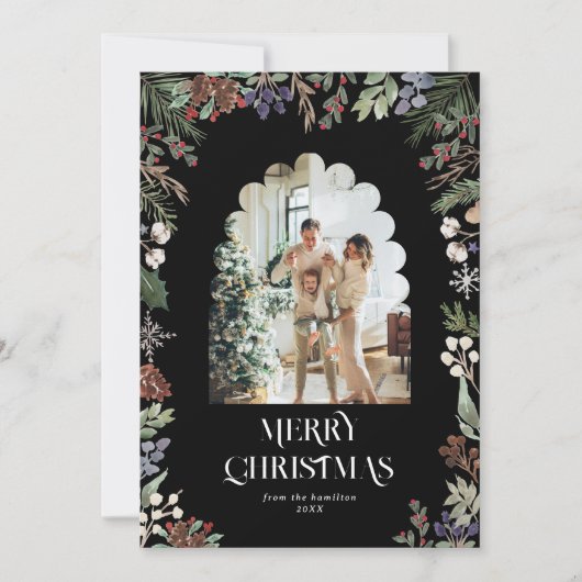 Waterverf Botanische Kerstboog Foto Feestdagenkaart (Voorkant)