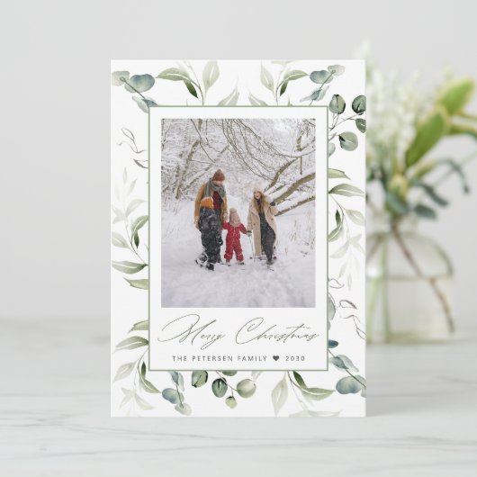 Waterverf botanische lijst Vrolijke kerstfoto Feestdagenkaart (Staand voorkant)