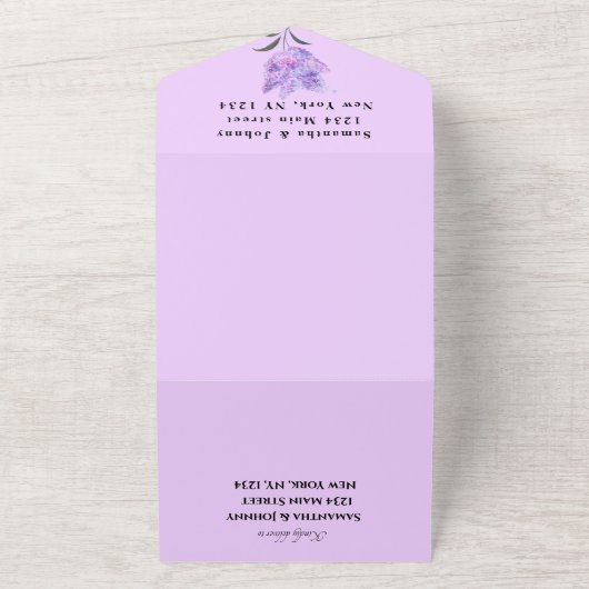 Waterverf Botanische Lila Paarse Bloemen Bruiloft All In One Uitnodiging (Buitenkant)