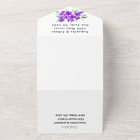 Waterverf Botanische Lila Paarse Bloemen Bruiloft All In One Uitnodiging (Buitenkant)