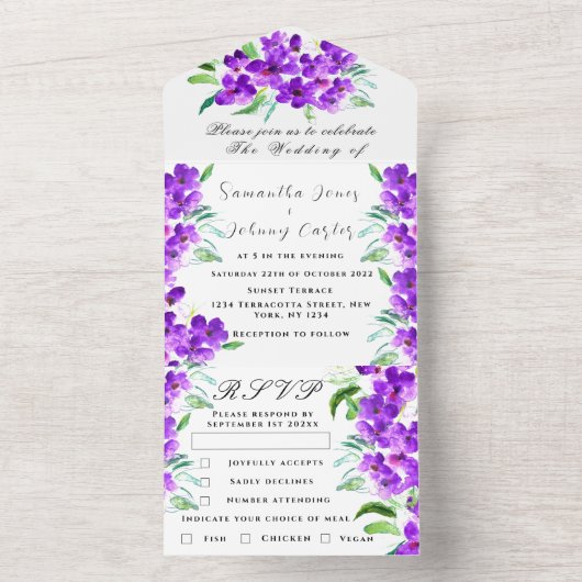Waterverf Botanische Lila Paarse Bloemen Bruiloft All In One Uitnodiging (Binnen)