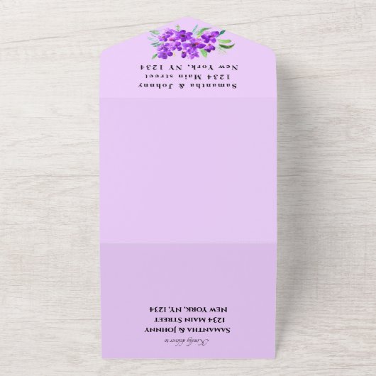 Waterverf Botanische Lila Paarse Bloemen Bruiloft All In One Uitnodiging (Buitenkant)