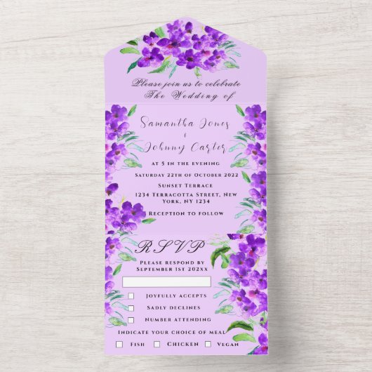 Waterverf Botanische Lila Paarse Bloemen Bruiloft All In One Uitnodiging (Binnen)