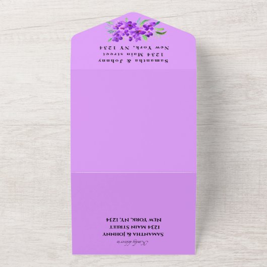 Waterverf Botanische Lila Paarse Bloemen Bruiloft All In One Uitnodiging (Buitenkant)