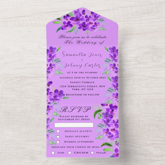 Waterverf Botanische Lila Paarse Bloemen Bruiloft All In One Uitnodiging (Binnen)
